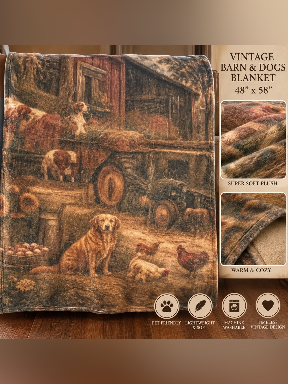 Rustic barn dogs Throw Blanket - soft blanket Vintage LOOK 48x58”